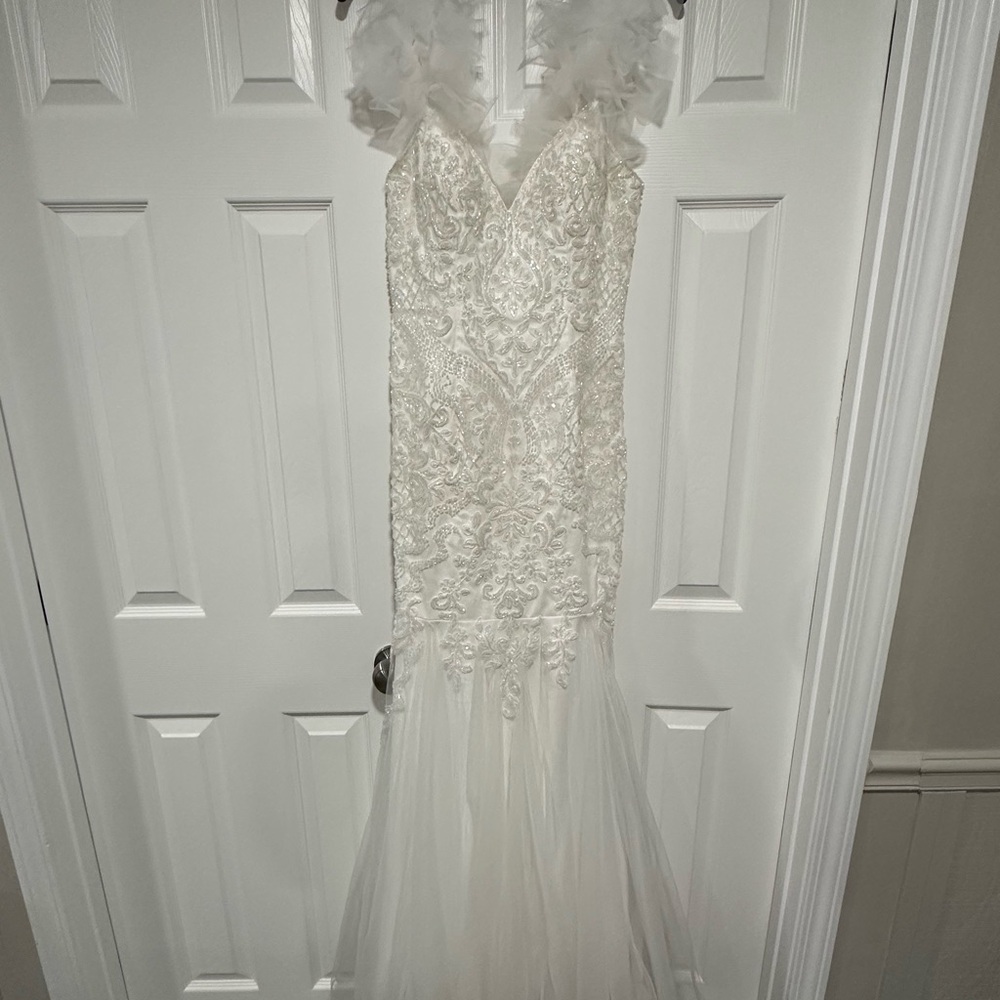 Lulu’s White Beaded Tulle Trumpet Dress (with added fringe sleeves)